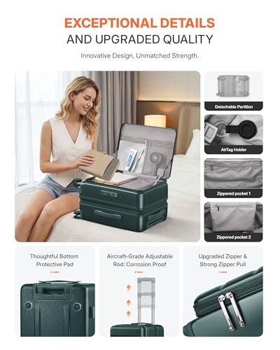 Expandable 20Inch Carry On Luggage Airline Approved - Top Opening Hardside Travel Suitcase Unbreakable -with Cup Holder,USB Charge,Side Pothook, 360°Spinner Wheels, TSA Lock-Green - color: Green, size: 20 Inch-EXT