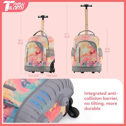 NEW TILAMI 16 Inch Rolling Backpack with Lunch Bag for Girls Boys School | 6-Wheel Stair-Climbing Girls Boys Carry-on Suitcase Water-Resistant Adjustable Trolley Handle Wheels School Travel Camping - color: Starry Rainbow