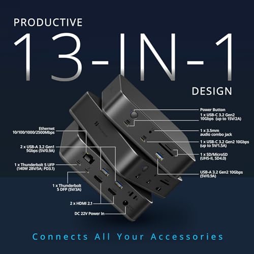 Kensington SD5010T5 Thunderbolt 5 Docking Station with 140W PD, Up to Three 4K 60Hz Displays, 13 Ports, 2 x HDMI, 2 x TB5, SD & Micro SD 4.0 Slots, 2.5Gbps Ethernet (K35231NA)