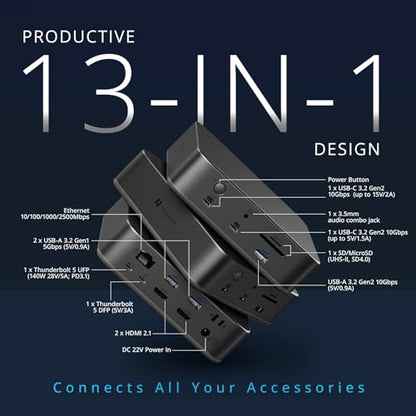 Kensington SD5010T5 Thunderbolt 5 Docking Station with 140W PD, Up to Three 4K 60Hz Displays, 13 Ports, 2 x HDMI, 2 x TB5, SD & Micro SD 4.0 Slots, 2.5Gbps Ethernet (K35231NA)