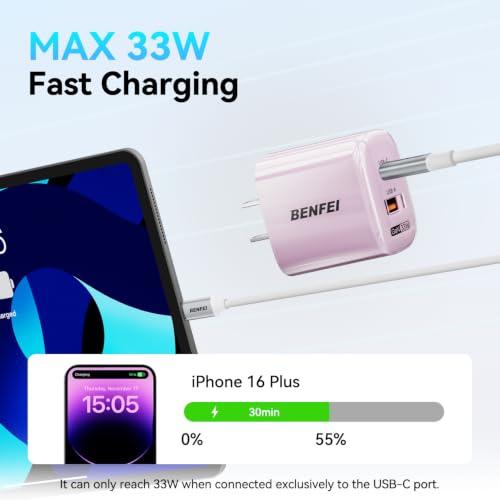 BENFEI 33W GaN USB C Fast Charger, 2-Port Two-Tone Compact Wall Charger Block, Portable Travel Charger for iPhone 17/16/15, Galaxy S25/S24/S23, Pixel 10/9/8, iPad, AirPods, MacBook, Steam Deck