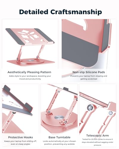 Aoviho 360° Rotating Laptop Stand for Desk | Adjustable, Foldable, Portable Aluminum Ergonomic Riser | Compatible with MacBook, Dell, HP & All Laptops 10-16 inch | Rose Gold - color: Rose Gold