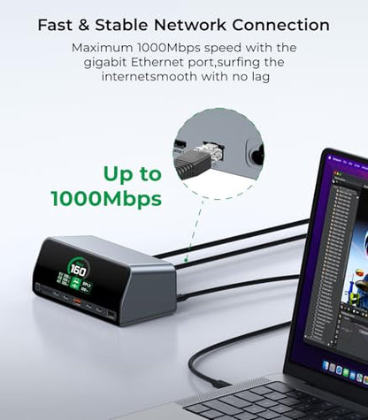 RayCue USB C Docking Station, 13-Port Dual 4K Display Laptop Docking Station with 160w Max USB-C Output, 2.26''LCD Smart Display, 10Gbps USB A/C Ports,Ethernet Ports for macOS and Windows