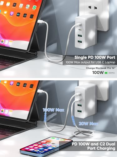 Mac Book Pro Charger,120W GaN 4-Port USB C Charger Block,Exclusive PD 100W for MacBook Pro/Air,ipad Pro,Samsung Galaxy,iPhone 16/15/Pro and All USB C Device-White