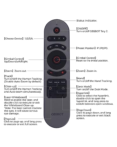 OBSBOT Tiny 2 Remote Control, Smart Remote for Tiny 2/Tiny 2 Lite/Tiny 4K/1080P Webcam, Wireless Connection via USB Receiver, Combination of Remote Control and Presentation Clicker | Wireless Connection via USB Receiver, Combination of Remote Control and