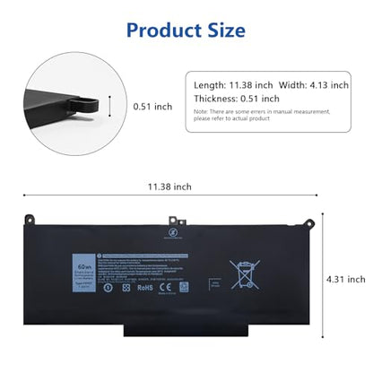 DJW F3YGT Battery Replacement for Dell Latitude 14 7000 7480 7490/13 7000 7380 7390 P29S002/12 7000 7280 7290 Series 0DM3WC DM3WC DM6WC 2X39G KG7VF V4940 451-BBYE 453-BBCF - size: F3YGT
