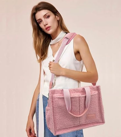 Large Canvas Tote Bag for Women Work Tote Bags with Pockets Laptop Crossbody Purses Everyday Bag Handbags for Travel - color: Plush Pink