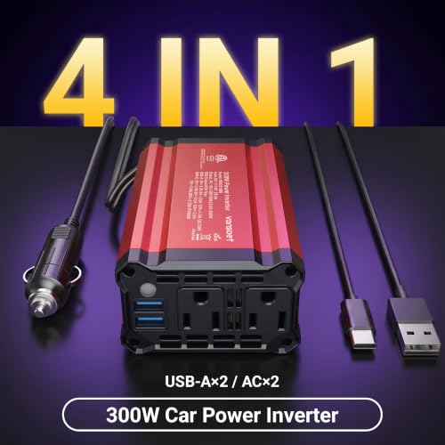 300W Car Power Inverter - vansoet DC 12V to 110V AC(2 Outlets) Power Inverters with 3.4A Dual USB Fast Charging Port - Car Charger Cigarette Lighter Adapter for Laptop/Phone/Road Trip (Red) - color: Deep Red