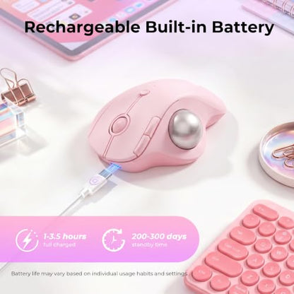seenda Wireless Trackball Mouse, Ergonomic Bluetooth Rollerball,Rose Pink | USB-C rechargeable, 3-device Bluetooth+2.4G USB, thumb control, 5-level DPI and space-saving comfort for laptop, PC and Mac. - color: Rose Pink