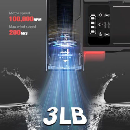 4-in-1 Car Dryer Air Blower with 3LB Thrust, 100K RPM Turbo Jet Blower | Car Wash Drying, Light Cleanup, 2000A Jump Starter, 15000mAh Power Bank, 400lm 3-Mode LED, 2lb Body, Safety Clamps, Case