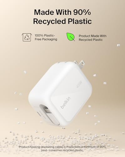 Belkin Wall GaN Charger 45W w/ 2.6ft Retractable USB C Cable & USB C Port - iPhone Charger Fast Charging for iPhone 17 & 16 Series, Galaxy S26 Series, AirPods, Tablet, MacBook, Chromebook, Travel - color: White, style: 45W