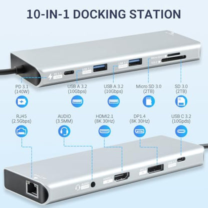 10-in-1 USB C Docking Station, 140W PD3.1, 8K HDMI 2.1, DP1.4, 2.5G Ethernet, USB 3.2 10Gbps, SD/TF, Audio Jack, Dual 4K@60Hz Display Hub for MacBook, Windows, Steam Deck, Switch (UC-U4)