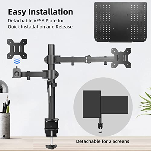 suptek Monitor and Laptop Mount Holds 13-32 inch Computer Screen, Adjustable Monitor Arm Stand with Laptop Tray for 13-27 inch, Hold 22 lbs, with Clamp and Grommet Mounting Base - style: Dual laptop & monitor mount