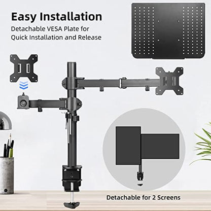 suptek Monitor and Laptop Mount Holds 13-32 inch Computer Screen, Adjustable Monitor Arm Stand with Laptop Tray for 13-27 inch, Hold 22 lbs, with Clamp and Grommet Mounting Base - style: Dual laptop & monitor mount