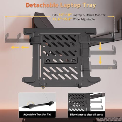 PUTORSEN Monitor and Laptop Wall-Mount - Full Motion 2-in-1 Monitor Arm Fits Max 32" Screen and 18" Laptop, Holds up to19.8lbs, Detachable Laptop Tray with Adjustable Slide Clamp, VESA 75x75/100x100