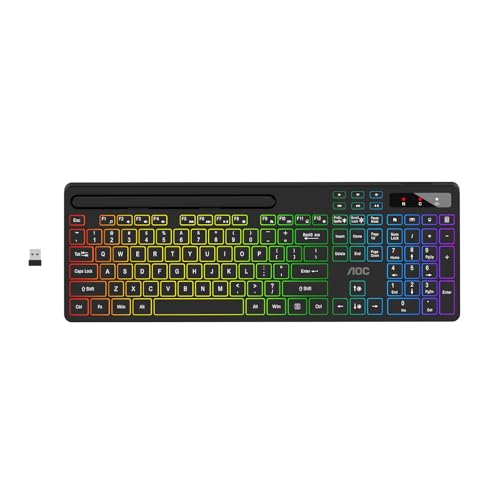 AOC KB600 Wireless Keyboard with 7-Color RGB Backlit, 2.4GHz Full-Size Computer Keyboard with Phone Tablet Holder, Number Pad, 22 Multimedia Hotkeys, Rechargeable for Mac, Windows