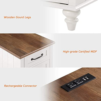 WAMPAT White End Table with Charging Station, Wood Side Table with 1 Drawer &1 Storage Cabinet, Mid Century Modern Nightstand with Power Outlets & USB Ports for Living Room, Bedroom - color: Off White