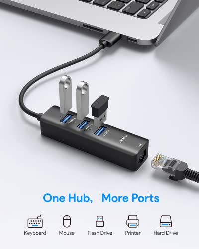 USB to Ethernet Adapter, ABLEWE 3 Ports USB 3.0 Hub with RJ45 1Gbps Gigabit Ethernet Adapter, for MacBook Air 2017, iMac, XPS, Surface Pro, Linux, Chromebook, Notebook and More - Black - color: Black