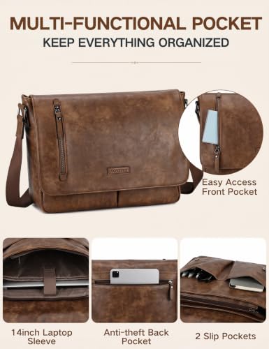 VX VONXURY Messenger Bag for Men, Pu Leather 14 Inch Laptop Briefcase Bag for Work Bussiness and School,Brown - color: 14 Inch Brown