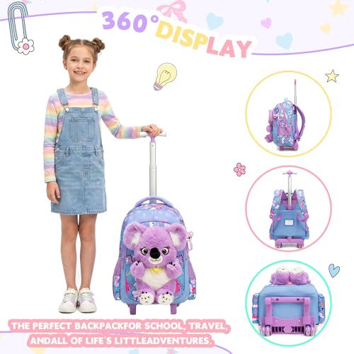 Meetbelify Rolling Backpack for Girls Backpacks with Wheels for Elementary Student Kids School Travel Bag for Girls Ages 6-8 Years Old - color: Purple
