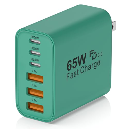 65W USB C Charger Block,6-Port Multi Device Fast Charger PD QC Wall Adapter | GaN technology saves space and reduces heat,ideal for home,office,travel,wide compatibility for iphone and USBC devices（Green - color: Green, size: 65w