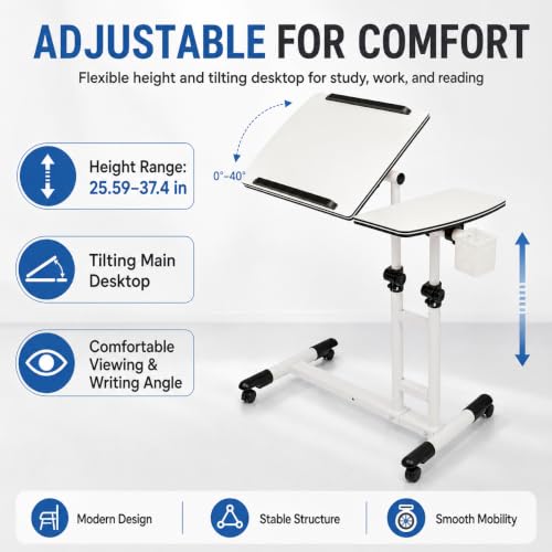 Mobile Standing Desk Adjustable Height, Rolling Laptop Desk with Tilting Desktop, Portable Overbed Table on Wheels, Small Computer Writing Desk for Home Office, Bedside, Sofa, Side Table, White