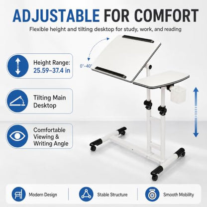 Mobile Standing Desk Adjustable Height, Rolling Laptop Desk with Tilting Desktop, Portable Overbed Table on Wheels, Small Computer Writing Desk for Home Office, Bedside, Sofa, Side Table, White