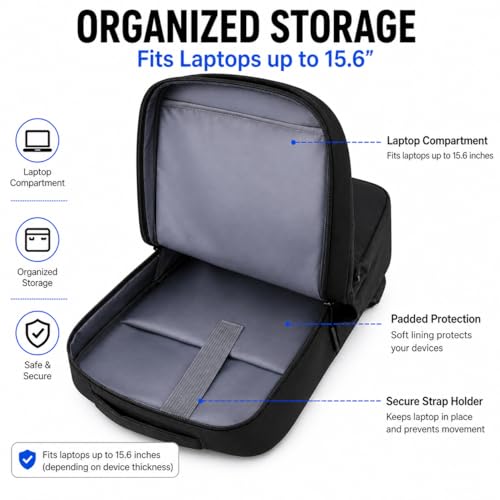 Modern Business Laptop Backpack with USB Charging Port, Black Water-Resistant Material, Front Zip Pocket, Minimalist Design