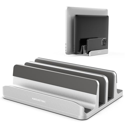 AboveTEK Vertical Laptop Stand, 3 Slots Aluminum Desk Laptop Holder & Laptop Docking Station Stand for MacBook, Tablet, Phone - Universal Fit (Up to 17.3") - Heavy Duty Polished, Anti Slide - Silver - color: Silver