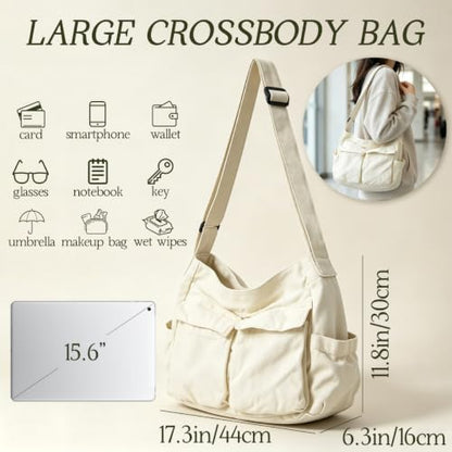 Canvas Messenger Bag Large Crossbody Bag with Multiple Pockets Canvas Shoulder Tote Bag for Women and Men - color: White