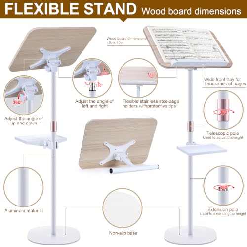 2 in 1 Dual-use Music Stand & Desktop Book Stand, Adjustable Height 16.5"-51", 100% Solid Wood Laptop Floor Stand Book Holder with Elastic Page Clips for Cookbooks (White with Tray) - color: White With Tray