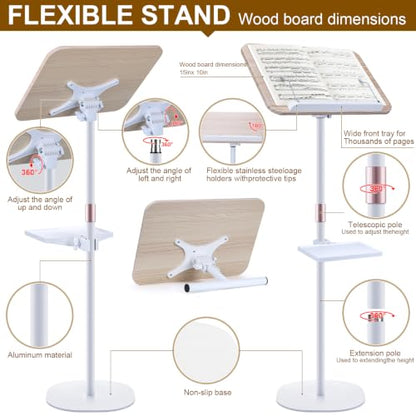 2 in 1 Dual-use Music Stand & Desktop Book Stand, Adjustable Height 16.5"-51", 100% Solid Wood Laptop Floor Stand Book Holder with Elastic Page Clips for Cookbooks (White with Tray) - color: White With Tray