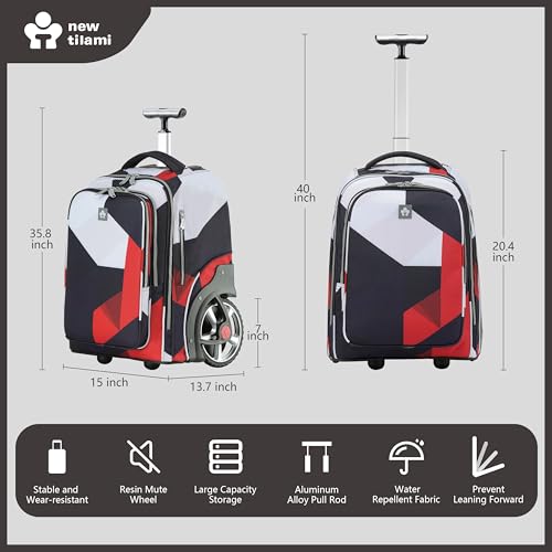 NEW TILAMI 20 Inch Rolling Backpack for School Stair-Climbing Big Wheel | Teen Boys Girls Carry-on Suitcase Large Organizer Compartment 15.6 Laptop Sleeve Adjustable Handle Roller Travel Bag College - color: Black - Red Combo