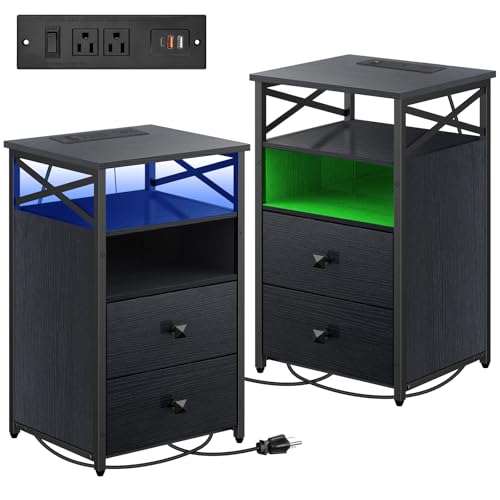 Livofloral Nightstand with Charging Station, LED Night Stand Set 2 with Wood Drawers, Farmhouse End Table with Storage, Living Room Side Tables Set of 2, Bed Side Tables with Drawer for Bedroom, Black - color: Black, size: 2 Pack without Wireless Charging