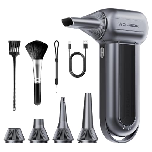 WOLFBOX MF100 Compressed Air Duster, 150000RPM Turbo Fan, 45 m/s Airflow | 3-Gear Adjustable Speed, Type-C Fast Charging, Lightweight 0.66 lb, 5 Nozzles & 2 Brushes, For Computer Keyboard Car Outdoor