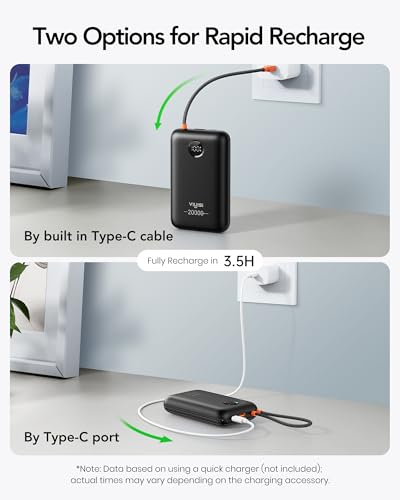 VIYISI Portable Charger 20000mAh 30W Fast Charging, Power Bank with Built-in USB C & Lighting Cables, LED Display Battery Pack Compatible with iPhone 17 16 15 14 Pro Max, iPad, Samsung Galaxy, Travel - color: Black