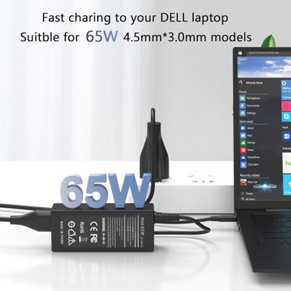 65W 4.5mm Tip Laptop Charger Compatible with Dell Inspiron 14 15 16 | For Dell Inspiron 15 3511 3520 3530 3535 3540 5559 5568 2-in-1, 16 5620 5630 5640 7640, 14 5420 5430 5490 2-in-1 AC Adapter
