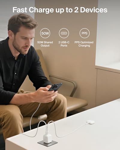 Belkin 2-Port USB C Charger Block 50W, Dual-Port GaN Charger w/ 2X USB C Ports & Included 1M C-C Cable, Fast Charging for MacBook, iPhone, iPad, Chromebook, Galaxy, Pixel - Travel Essentials - White - style: Single Pack + USB-C Cable