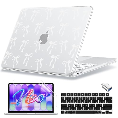 MecBevia for MacBook Neo Case 13 inch 2026 Release Model A3404 with A18 Pro Chip, Hard Shell Cover with Keyboard Cover, Screen Protector, Type C, White Bow - color: White Bow