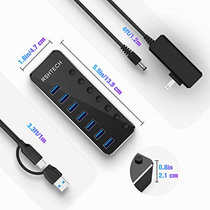 Powered UBS Hub, RSHTECH 7 Port USB 3.0/USB C Hub Upgraded Version Aluminum USB Splitter with 2-in-1 USB Cable,5V 3A Power Adapter and Individual Switches, USB Port Expander for Laptop/PC, RSH-ST07 - size: 7-PortUSB 3.0/USB C Hub