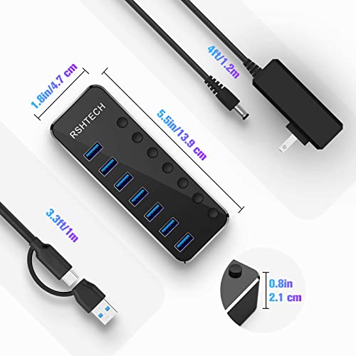 RSHTECH Powered USB Hub, USB-C/A to 7 Ports USB 3.0 Data Hub, RSH-ST07 | Aluminum USB Splitter with 2-in-1 USB A/C Cable,5V/3A Power Adapter and Individual Switches, USB Port Expander for Laptop PC - size: 7-PortUSB 3.0/USB C Hub