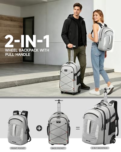 2-in-1 Detachable Backpack with wheels,56L Large rolling backpack-Splits into Daypack & Laptop Backpack Fits 17 Inch Laptop,Water Resistant Luggage suitcase,Air Travel,Weekend Trips - color: Grey