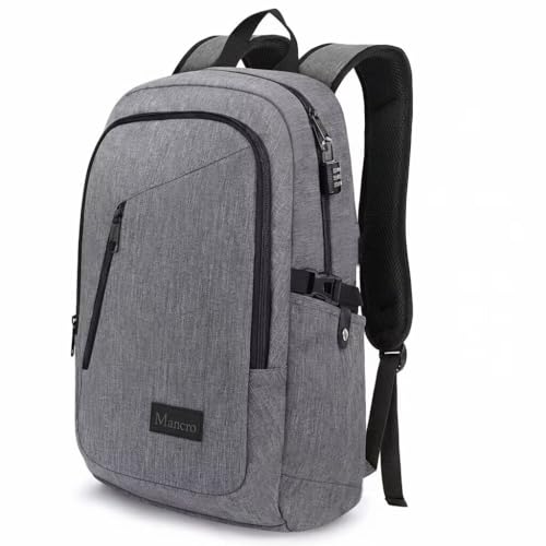 Mancro Laptop Backpack for Travel, Anti-theft Business Backpack for Men | Water Resistant Work Daypack with Lock, Travel Computer Bag with Laptop Compartment Fits 15.6 Inch Laptop for Men Women, Grey - color: Grey, size: 15.6 inch