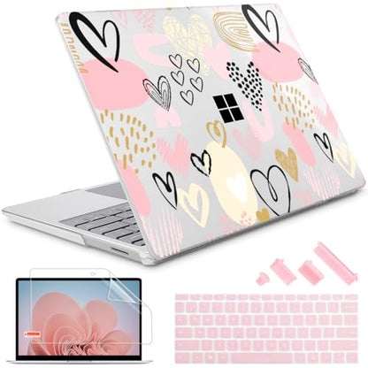 Case for Surface Laptop 5/4/3 13.5", Pink & Gold Hearts | Hard Shell Case with Keyboard Cover & Screen Protector. Fits Surface Laptop 5/4/3 13.5" Metal Palm Rest Models 1951/1868. - color: Pink & Gold Hearts