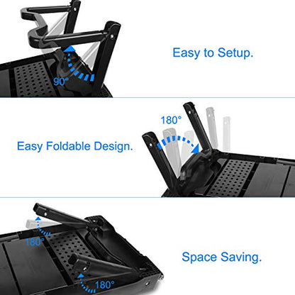 Foldable Laptop Table with Cooling Fan, LED Light, 4 x USB Ports, Mouse Pad & Storage Groove for Laptop Use in Home Office - color: Black