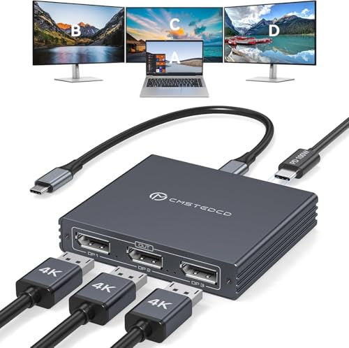USB C to Display Port Splitter 3 Monitors with 100W PD Port 4K60HZ/4K120Hz(2DP Ports) USBC to DisplayPort Splitter 1 in 3 Out MST HUB Supports Extended(Windows) and Mirrored Displays