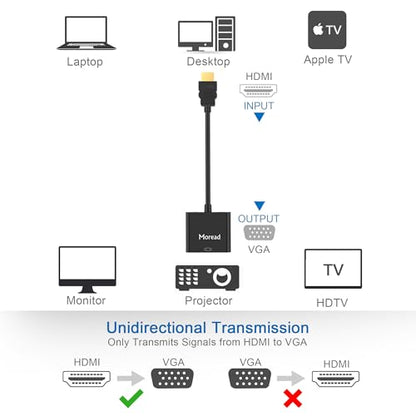 Moread HDMI to VGA with Audio, Gold-Plated Active HDMI to VGA Adapter (Male to Female) with Micro USB Power Cable & 3.5mm Audio Cable for PS4, MacBook Pro, Mac mini, Apple TV and More - Black