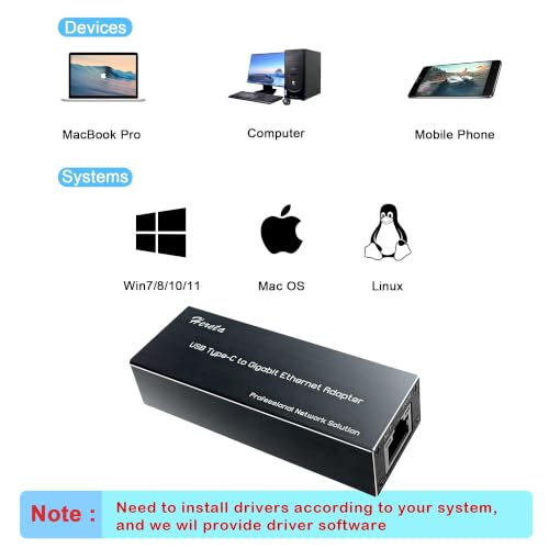 USB C to Ethernet Adapter,1Gbps Type-C 3.0 to RJ45 Ethernet LAN Network Adapter compatiable with MacOS,Windows XP, Vista,7,8,8.1,10,11,Linux,UEFI UNDI,Alluminum Case,USB Bus Powered,Plug & Play