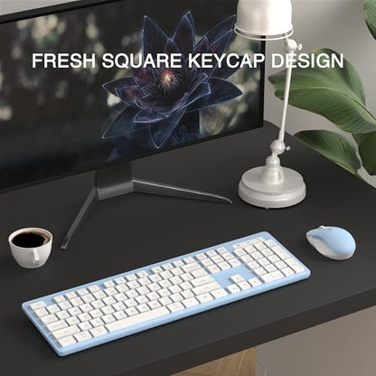 MPTOG Wireless Keyboard and Mouse Combo, Full-Size 104-Key Office Keyboard with 15 Function Keys, Numeric Keypad, Single USB Receiver, Compatible with PC and Laptop(Blue White) - color: Blue White