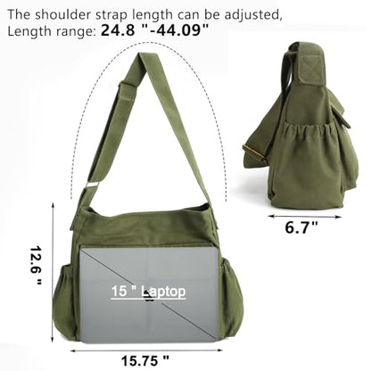 VODIU Canvas Messenger Bag Large Hobo Crossbody bags for Women,Men, Shoulder Tote Handbags with Laptop pocket - color: Army Green-1